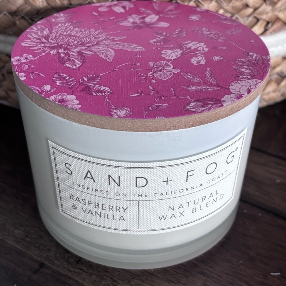 SAND + FOG Raspberry & Vanilla Candle with Pink Floral Lid